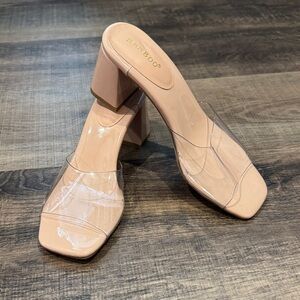 Bamboo Clear/Nude Chunky Heel Square Toe Sandal - Size 7.5